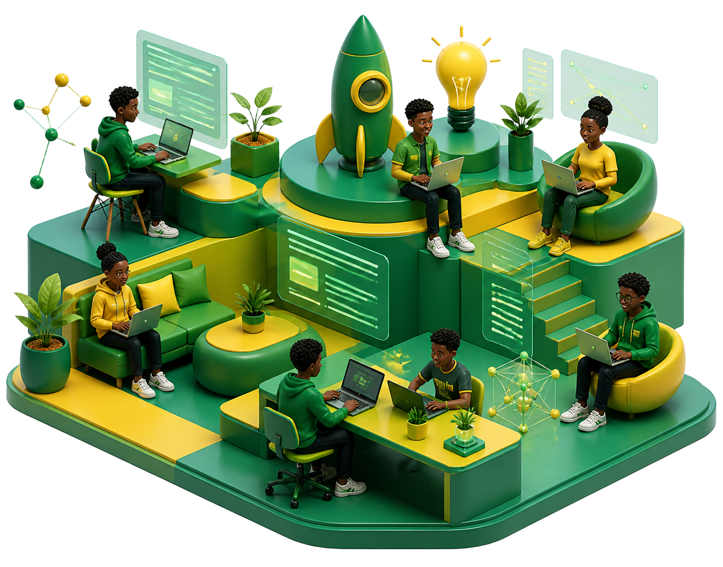Illustration of young African innovators building technology together